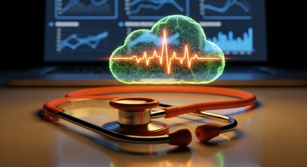 Digital health cloud monitors vital signs with laptop data charts
