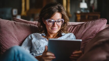 iPad in House. Woman Networking and Communicating on Sofa with Tablet for Socia Media and Ecommerce Shopping
