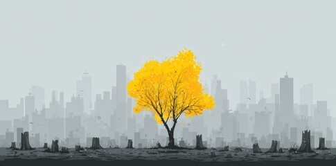 Lonely yellow tree amidst gray cityscape on barren land