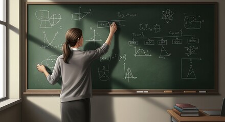 Female teacher writing complex mathematical equations and diagrams on a green chalkboard in a classroom setting.
