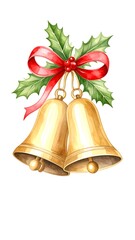 Two gold bells adorned with a red ribbon and holly