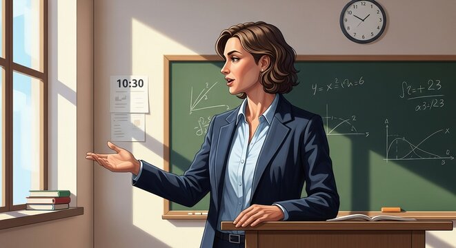 Attractive female teacher confidently explains mathematical equations on a whiteboard in a sunlit classroom.