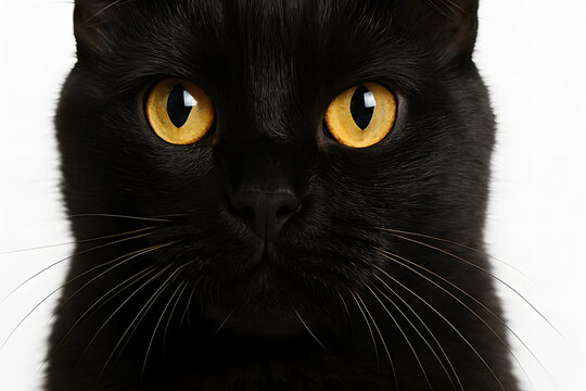 Black cat face with intense golden eyes, close up feline portrait showing detailed whiskers and smooth dark fur, mysterious pet expression captured in studio lighting for animal photography, wildlife 