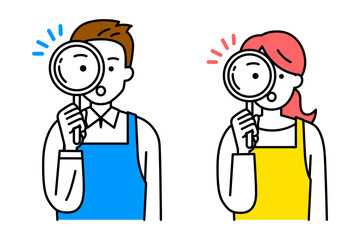 虫眼鏡を覗くエプロン姿の男女　セット