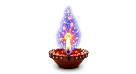 Close up of a diya lamp with a network flame on a white background showcasing technology and light