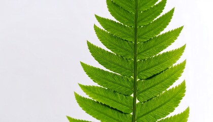 Green fern leaf against a white background in a studio setting close up