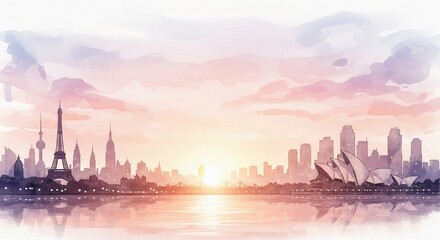 Fototapeta premium Watercolor cityscape illustration of iconic global landmarks at sunset, reflecting in calm water.