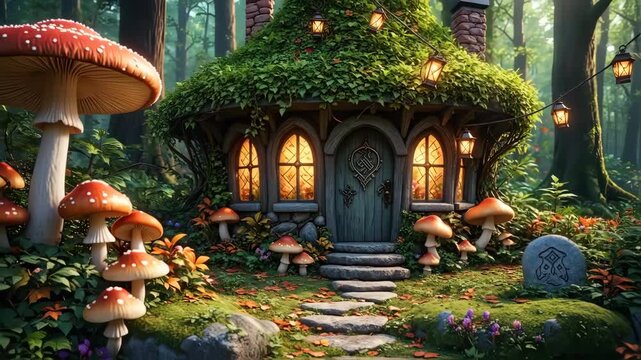 Fairytale cottage house in the middle of the forest