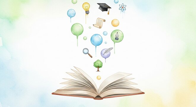 Open book with colorful education and science symbols floating upwards against a soft watercolor background - Powered by Adobe