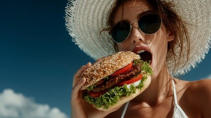 Woman in straw hat and sunglasses eating a large hamburger on a sunny day