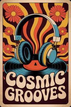 Psychedelic 70s Music Poster with Vintage Headphones and Vinyl Record