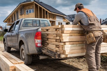 Fototapeta premium Men at Work: Constructor Preparing Pickup Truck Cargo Bed at Construction Site