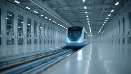 High speed modern train with bright headlights moving through reflective tunnel and spacious station showcasing advanced transportation technology - Powered by Adobe