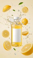 Refreshing citrus splash with lemon slices and a clear bottle