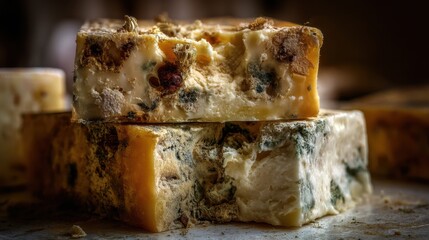 Moldy Cheese. A Decayed and Rotten Cheddar Cheese inedible due to Mold