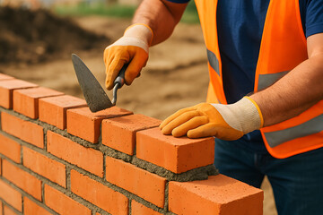 Bricklayer constructing brick wall with trowel, skilled masonry work in progress, professional construction craftsmanship showing precise brick placement, building structure development for architectu