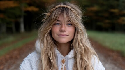 Fototapeta premium Young woman with blonde wavy hair and a woven headband smiling outdoors