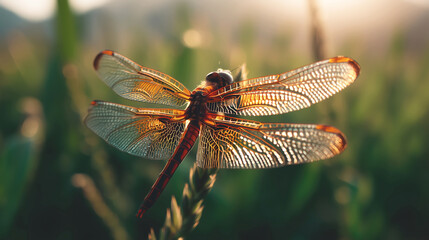 Close-up of a dragonfly with transparent wings resting on a plant