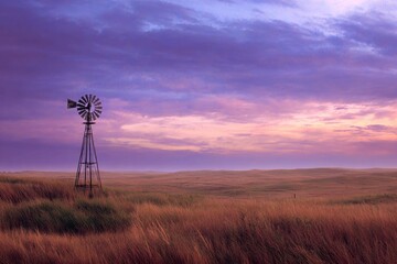 Obraz premium Nebraska Landscape. Sunset View of Sandhills Windmill under Blue Sky