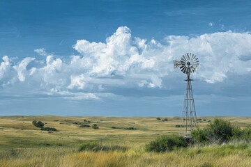 Nebraska Landscape. Sandhills Sunset with Windmill Silhouette and Blue Sky
