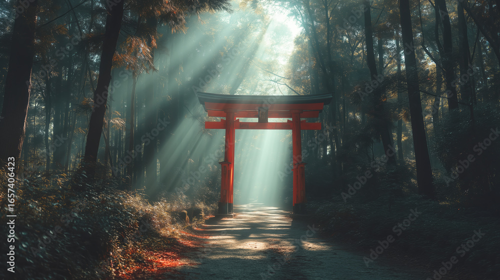 Poster sunlight streaming through forest onto red torii gate on path