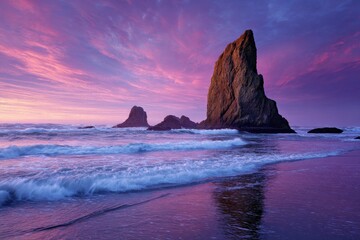 Oregon Coast Sunrise. Spectacular Colors over Sea Stack in State Park, USA