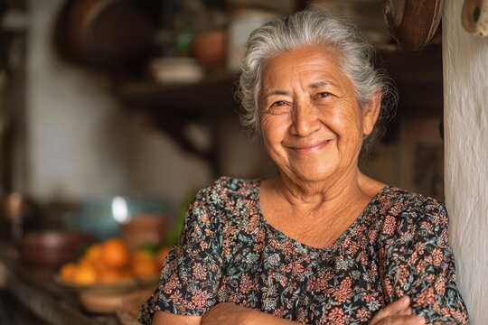 Old Mexican Woman. Mother's Day Portrait of Happy Hispanic Lady in Kitchen