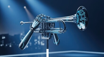 Futuristic Robotic Trumpet with Glowing Circuitry on Blue Background