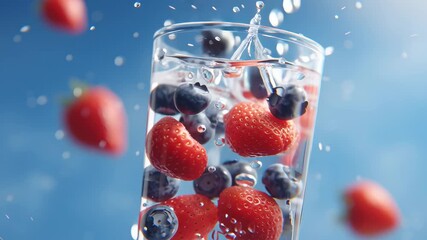Glass of water with fresh strawberries and blueberries splashing inside creating vibrant fresh fruit beverage and refreshing healthy summer splash - Powered by Adobe