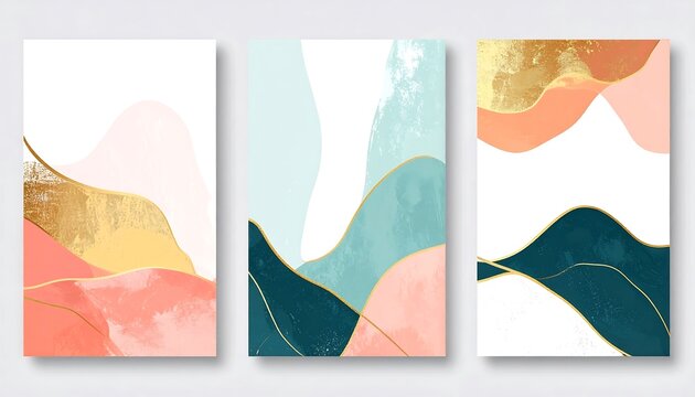 Abstract minimalist posters. Three panels featuring fluid shapes and blended colors