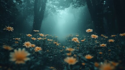 Mystical forest path with yellow flowers