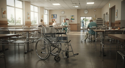 An empty wheelchair in the foreground of a sunlit nursing home cafeteria with elderly residents.