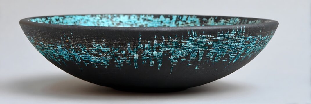 Hand-thrown bowl with glowing code etched beneath the glaze finish charcoal base with icy cyan