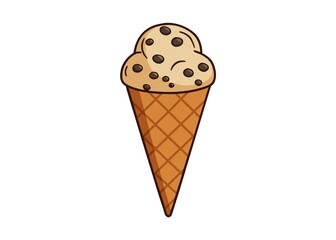 Cartoon cookie dough ice cream cone with brown waffle isolated on white background
