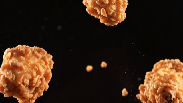 Golden Fried Chicken Pieces Floating Against a Black Background, Culinary Delight