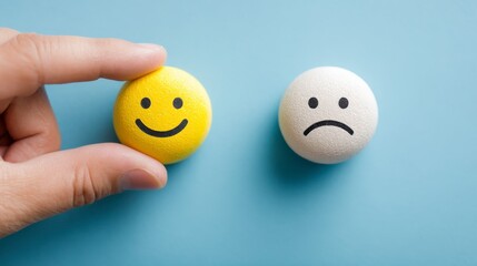 A hand picks a yellow smiley face ball next to a white sad face ball on a blue background
