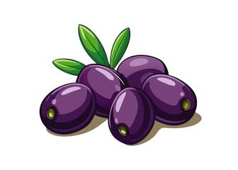 Pile of Fresh Black Olives with Green Leaves on a White Background