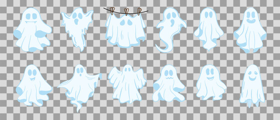 A set of funny cartoon ghosts on a transparent background. Vector illustration of Halloween symbols.