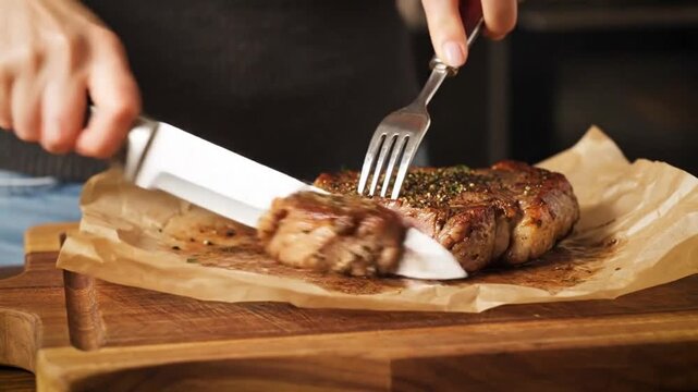 Close-up of hands slicing a juicy, seasoned steak on a wooden board with parchment paper