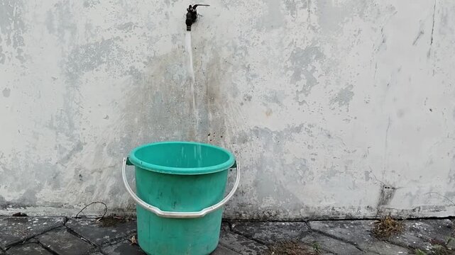 A green plastic bucket is placed directly under a water tap attached to the wall. The bucket looks empty, but water is flowing from the tap into the bucket.