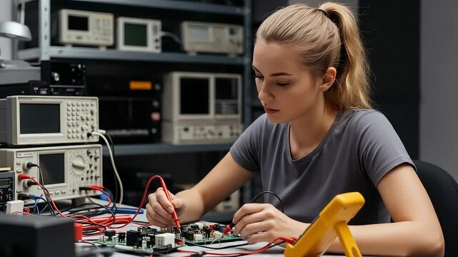Young female engineer focused on repairing electronic circuit board with multimeter in laboratory setting, surrounded by scientific equipment