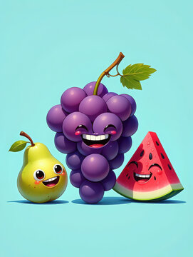 Naklejki Happy cartoon fruit characters grape, watermelon, and pear smiling on a blue background