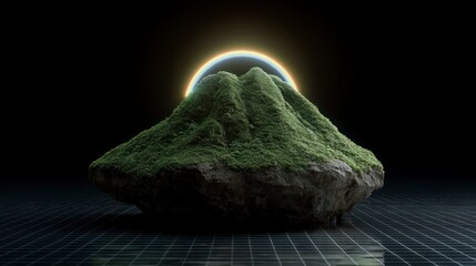 Moss covered rocky island with glowing rainbow arch set against dark background on grid