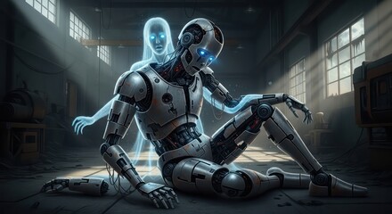 Naklejka premium Robot's Lament: A Metallic Figure Contemplates Existence with a Ghostly Companion in a Dimly Lit Workshop