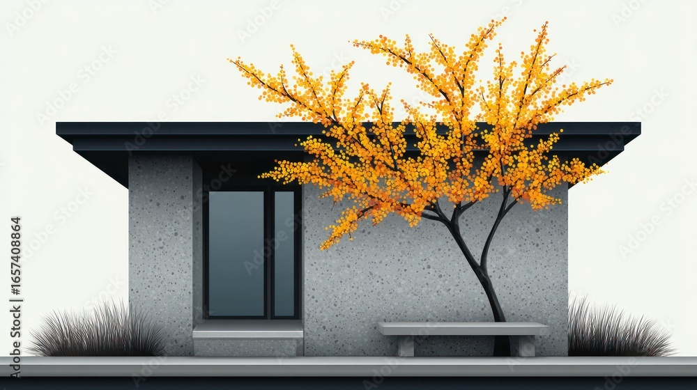 Poster a concrete building with a bench and a tree displaying yellow leaves modern