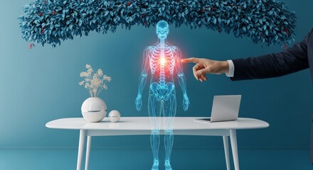Doctor points to glowing human anatomy hologram in modern office