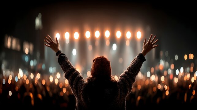 Person with arms raised in front of blurred bright lights at a crowded event