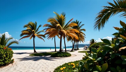 Serene Tropical Beach with Palm Trees and Clear Sky