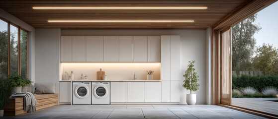 Bright laundry room with modern white cabinetry and wooden ceiling featuring built in lighting creating clean and inviting space