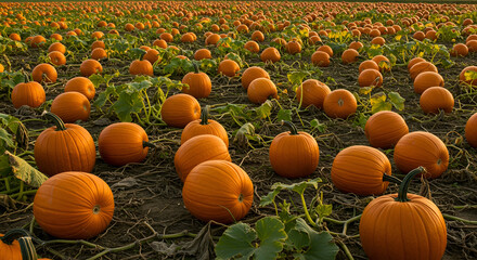 &ldquo;Golden hour light over a pumpkin patch with large ripe pumpkins among green vines&rdquo;